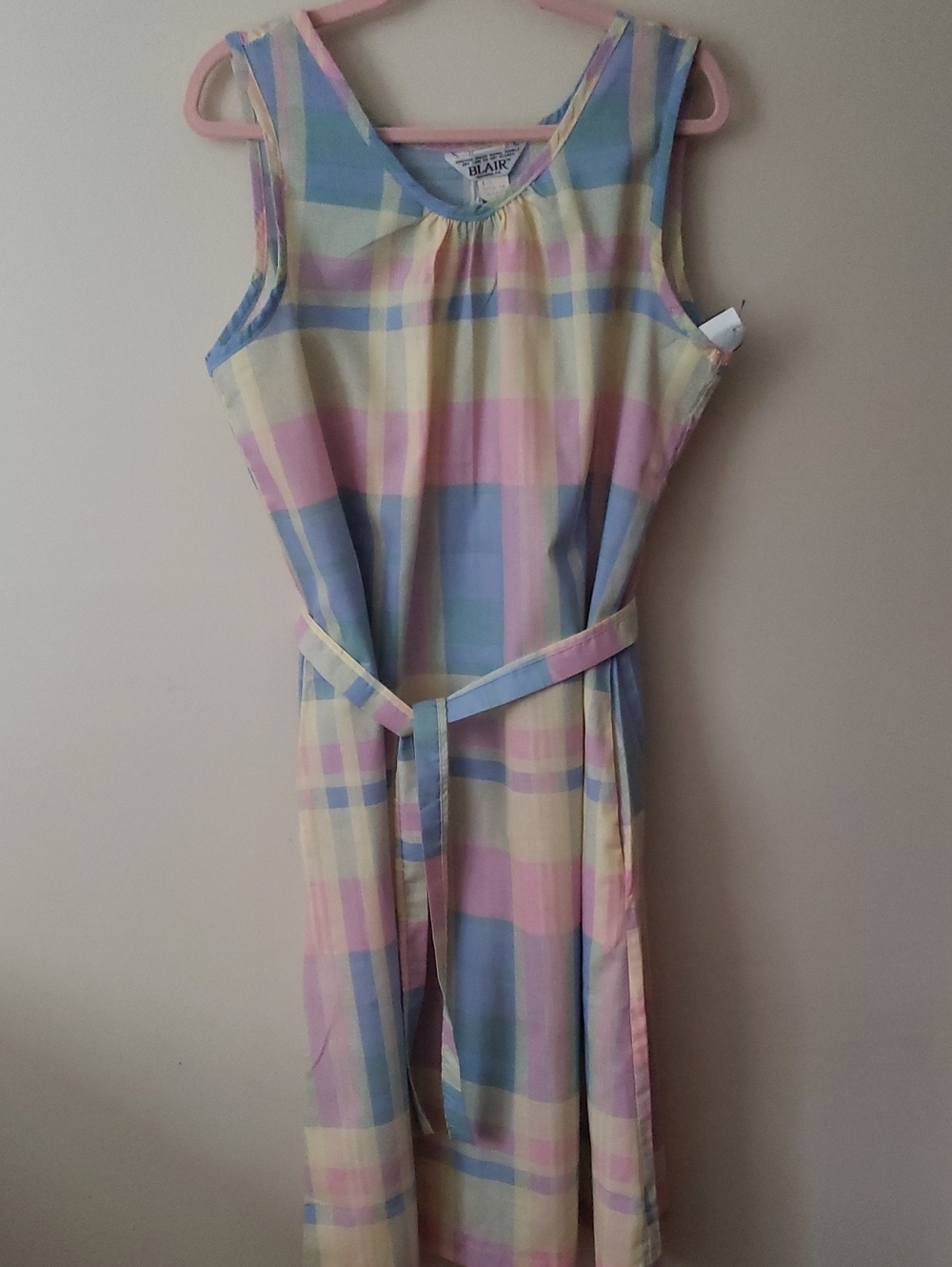 Vintage 70's Blair Pastel Plaid Midi Dress in Pink, Blue, Yellow, Cream W/ Belt